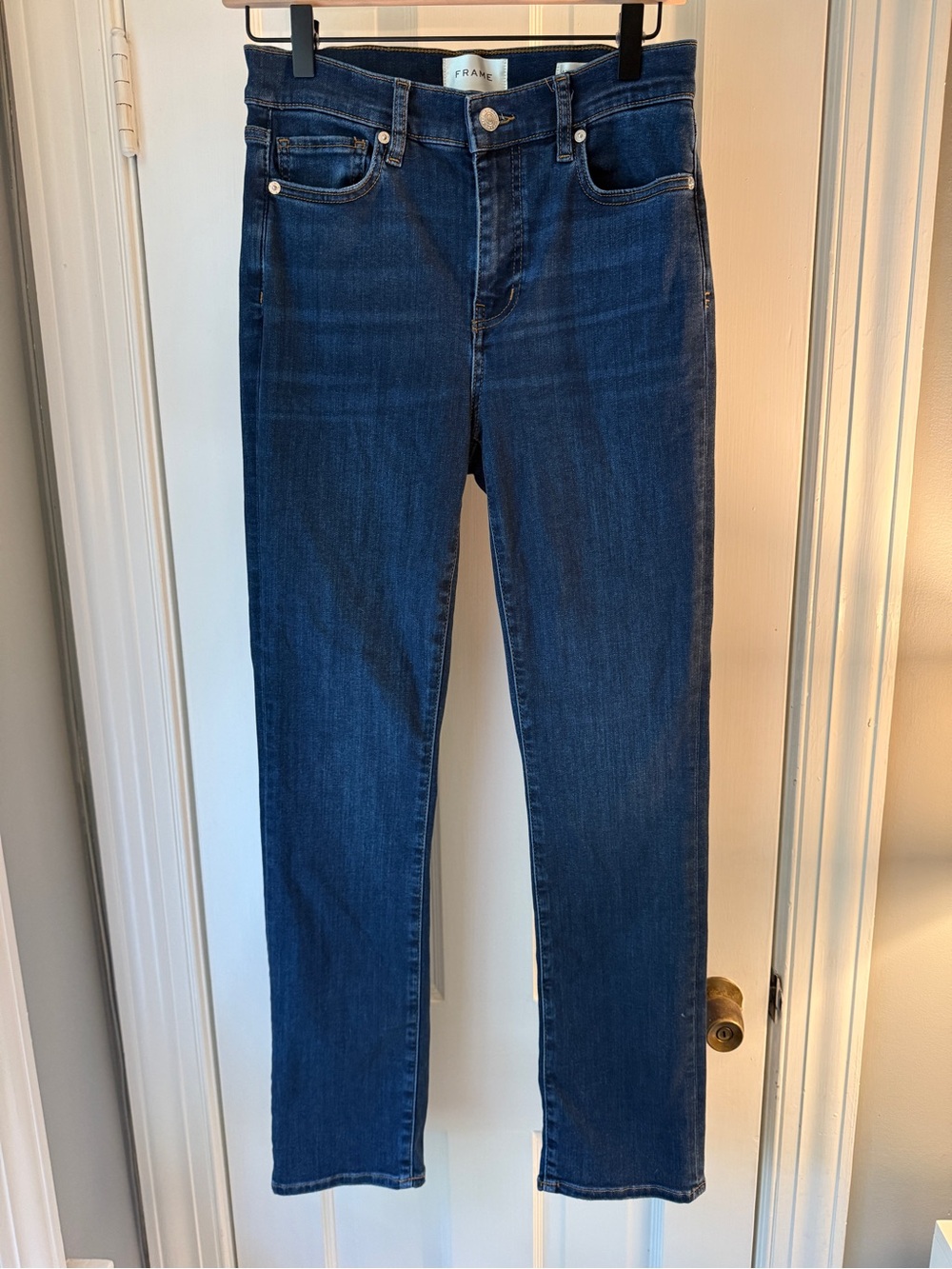 Frame Denim Le High Straight Jeans in Dark Blue, 27